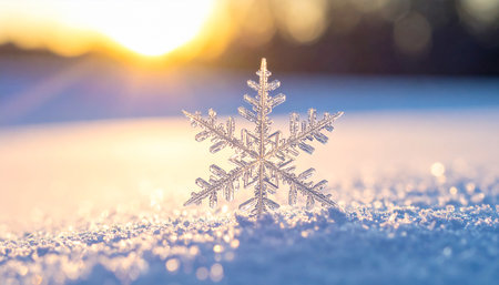 Snowflake on the snow at sunset. Christmas background. Copy space.の素材