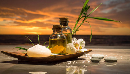 Spa still life with sea salt, soap and bamboo on the beachの素材