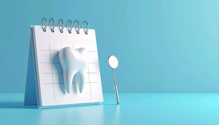 Tooth and dental mirror on blue background. 3D illustration.の素材