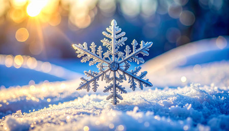 Snowflake on the snow in the winter forest. Winter background.の素材