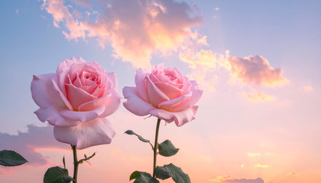 Beautiful pink roses on sunset sky background. Close-up.の素材