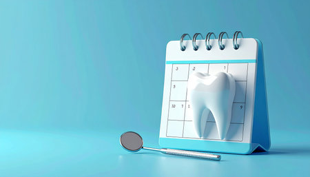 Tooth on calendar with magnifying glass on blue background. 3d illustrationの素材