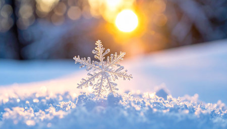 snowflake on the background of the winter forest and the sunの素材