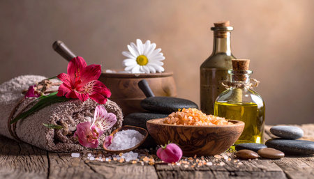 Spa still life with towels, sea salt and flowers on wooden backgroundの素材
