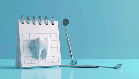 dental tools and tooth model on blue background. 3d renderの素材