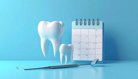 Tooth with dental mirror and dentist tools on blue background. 3d renderの素材