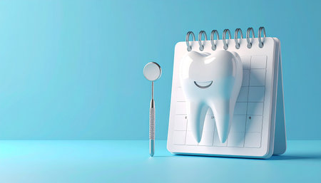 Tooth and dental mirror on blue background. 3D illustration.の素材