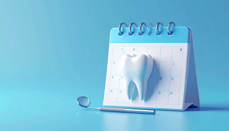 Tooth on the calendar. 3d illustration. Blue background.の素材