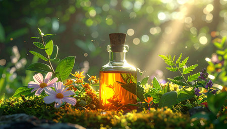 Essential oil in a glass bottle on a background of green grassの素材