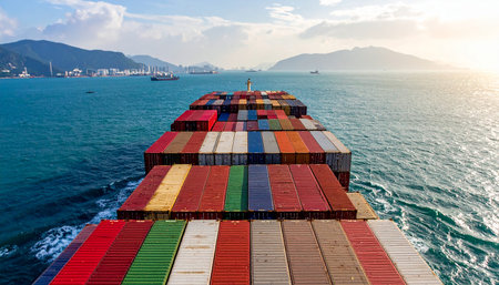 Container Cargo freight ship with working crane bridge for Logistic Import Export backgroundの素材