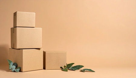 Cardboard boxes with eucalyptus leaves on beige backgroundの素材