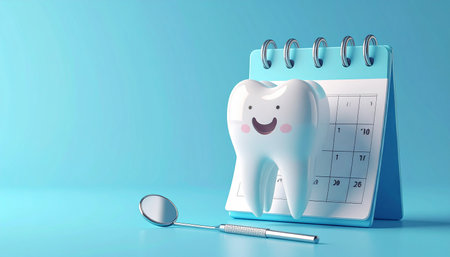 Tooth with dental mirror and calendar on blue background. 3d illustrationの素材