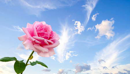 Pink rose on blue sky with clouds background. Beautiful nature scene.の素材