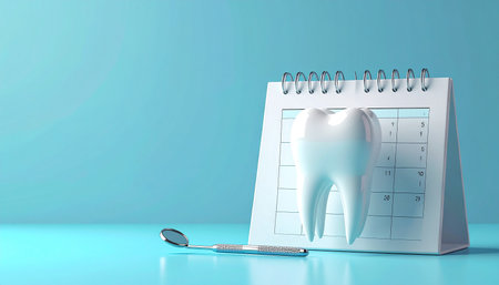 Tooth with dental mirror and calendar on blue background. 3d illustrationの素材