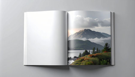 Book on the wall with mountain landscape. 3d render. Mock up.の素材