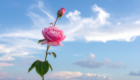 Beautiful pink rose on the background of blue sky with clouds.の素材