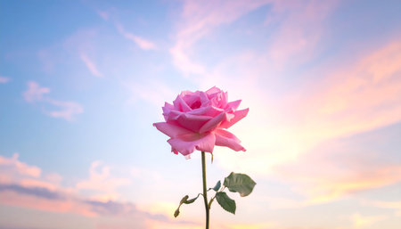 Beautiful pink rose on the sky background. Nature background with copy space.の素材