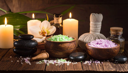 Spa still life with candles, sea salt and orchid flowersの素材