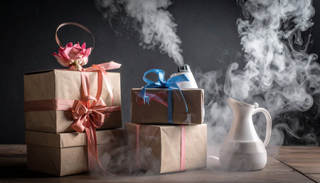 Gift boxes on wooden table with smoke coming out of the boxの素材