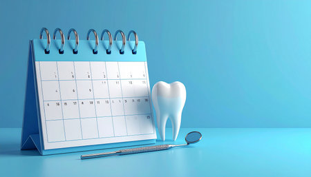Tooth and dental tools on blue background. 3D rendering.の素材