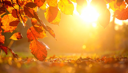 Autumn leaves on the ground with sunbeams in the backgroundの素材