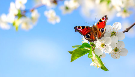 Peacock butterfly on a branch of blossoming tree with white flowersの素材