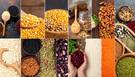 Healthy food. Collage of different legumes and grains.の素材