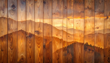 Wooden wall with a beautiful view of the mountains and the skyの素材
