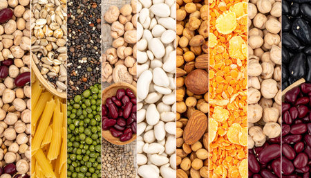 Collage of different types of beans and legumes as a backgroundの素材