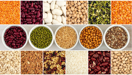 Collage of different legumes and cereals. Food background.の素材