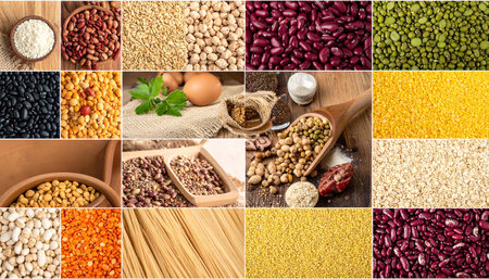 Photo collage of different types of legumes and cereals.の素材