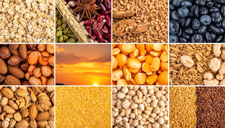 Collection of various grains and legumes. Healthy food background. Close upの素材