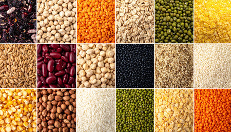 Collage of different types of grains and legumes. Healthy food backgroundの素材