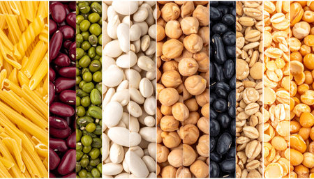 Collage of different types of legumes, close-up.の素材