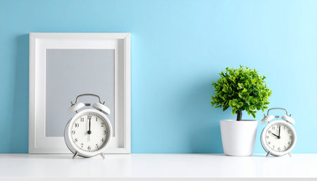 Alarm clock and plant on white table and blue wall background.の素材