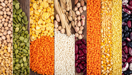 Collection of various legumes on wooden background. Healthy food concept.の素材