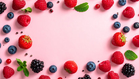 Fresh berries on pink background. Top view, flat lay, copy spaceの素材
