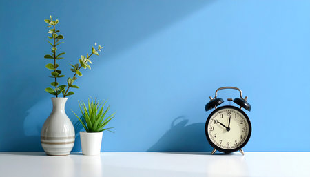 Alarm clock and plant in vase on white table and blue wall backgroundの素材