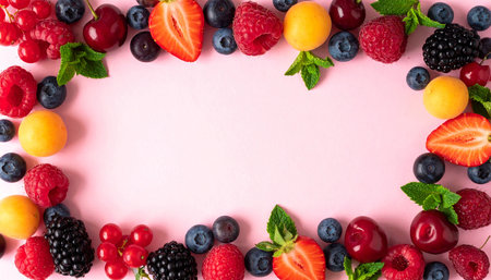 Mix of berries on pink background, top view, copy space.の素材