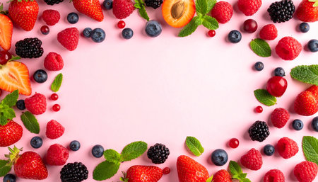 Raspberry, blackberry, blueberrycot and mint on pink backgroundの素材