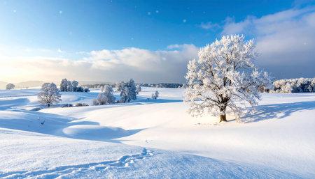 Beautiful winter landscape with snow covered trees and blue sky at sunriseの素材