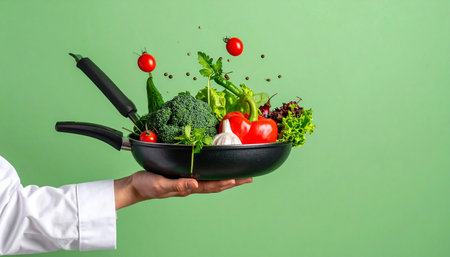 Vegetables flying out of a frying pan on a green backgroundの素材