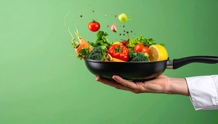 Vegetables flying in a frying pan with a female hand on a green backgroundの素材