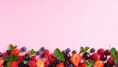 Berries on pink background. Strawberry, blueberry, raspberry, blackberry, mint.の素材