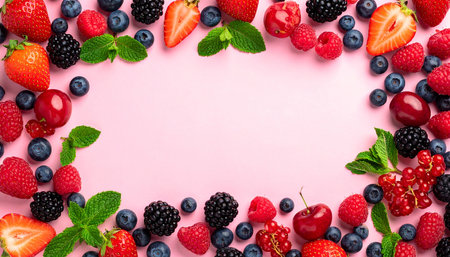 Mix of fresh berries on pink background. Top view, copy spaceの素材
