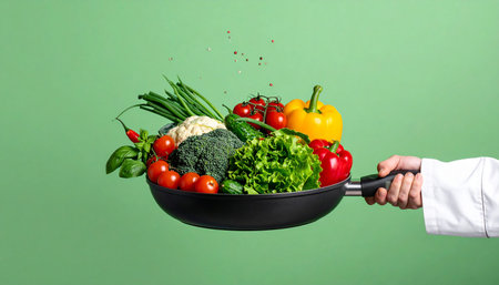 Hand of chef holding pan with fresh vegetables on color background, closeupの素材