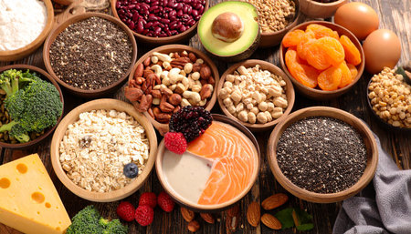 healthy food selection on wooden background, diet and nutrition concept, top viewの素材