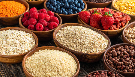 Healthy food selection in wooden bowls. Oatmeal, berries, cereals, cereals.の素材