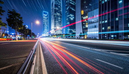 the light trails on the modern building background in shanghai chinaの素材