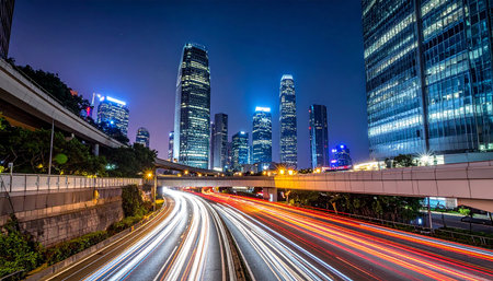 traffic in city at night,hongkong,china.の素材